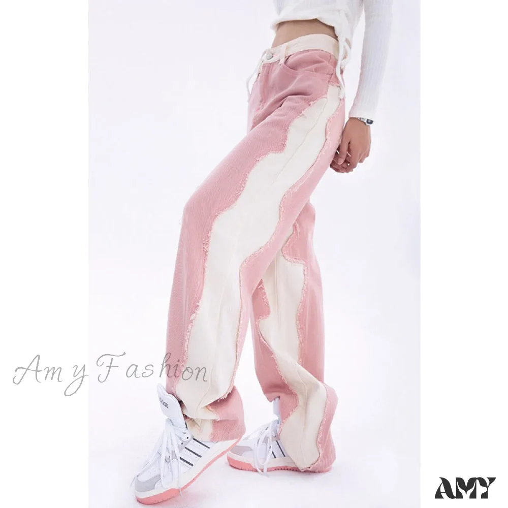 Amy Fashion - Hip Hop Street Style Pink White Baggy Jeans - Image 4