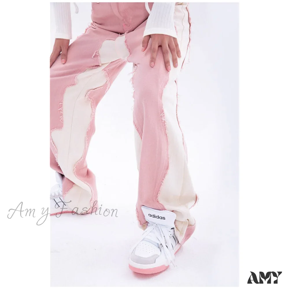 Amy Fashion - Hip Hop Street Style Pink White Baggy Jeans - Image 5