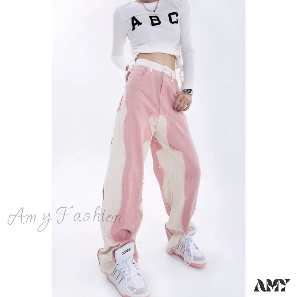 Amy Fashion - Hip Hop Street Style Pink White Baggy Jeans - Image 6