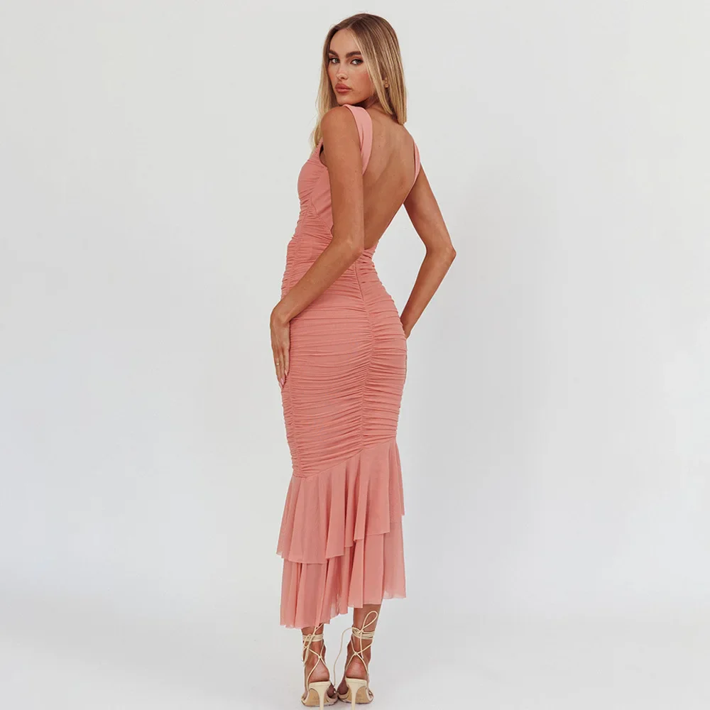 Pink Sheath Backless Sleeveless Ruffled Prom Dress - Image 2