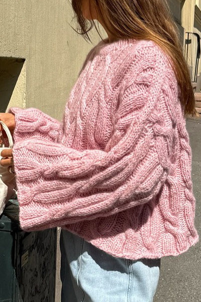 Pink Slouchy Cable-Knit Short Sweater - Image 5