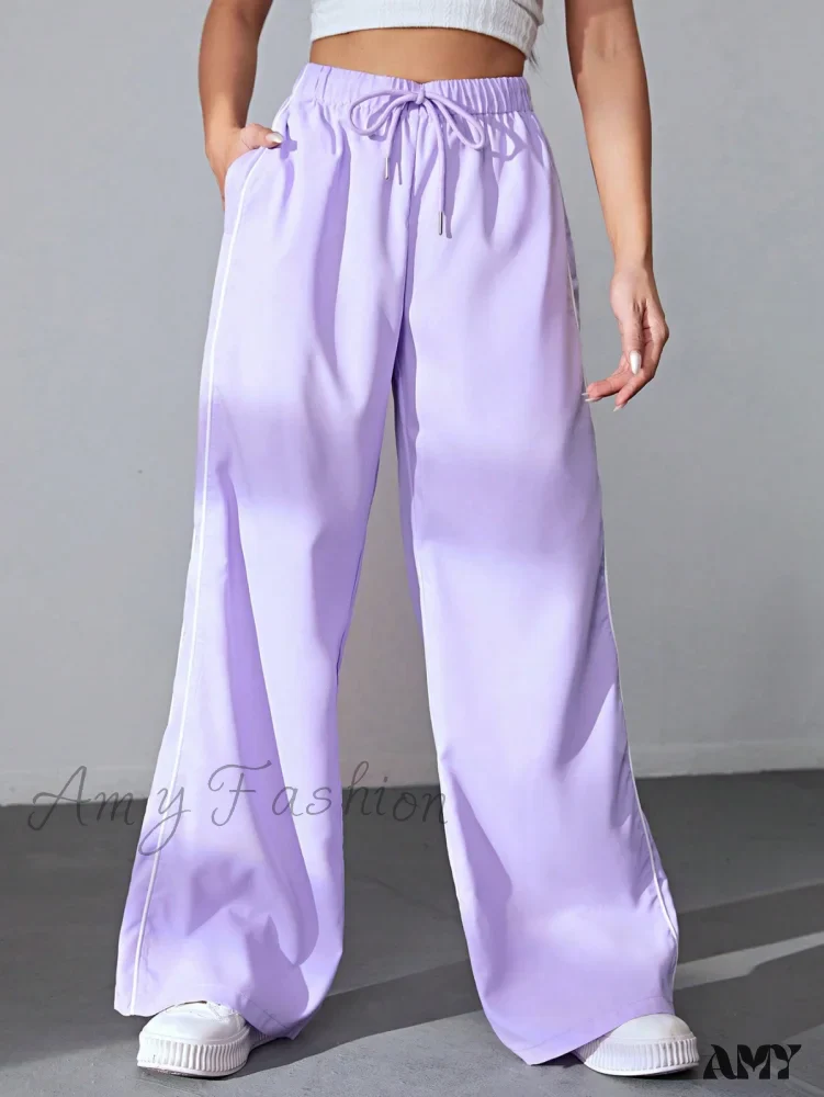 Amy Fashion - Piping Drawstring Waist Wide Leg Pants - Image 11