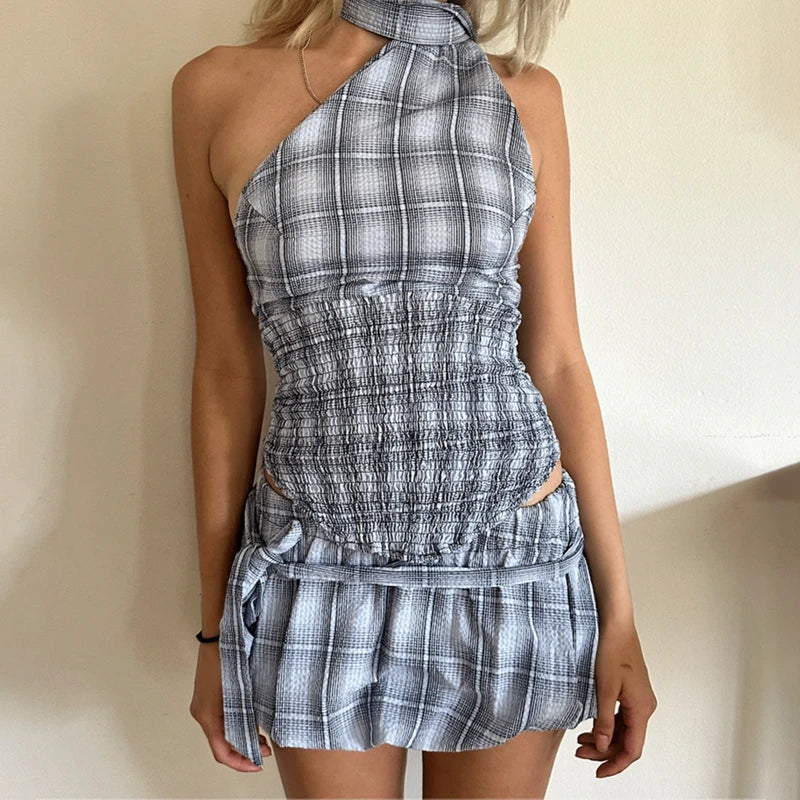 Plaid Backless Halter Bubble Skirt Two Piece Set - Image 5