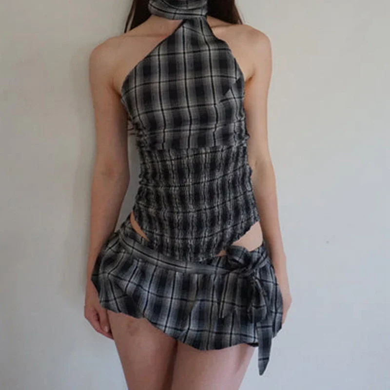 Plaid Backless Halter Bubble Skirt Two Piece Set - Image 7