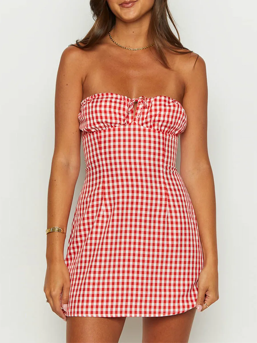 Plaid Hollow Tie-up Retro Bodycon Dress