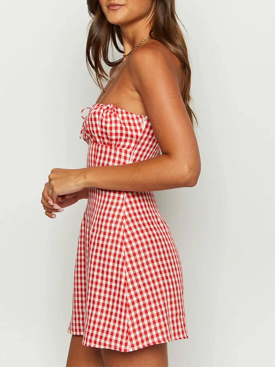 Plaid Hollow Tie-up Retro Bodycon Dress - Image 2