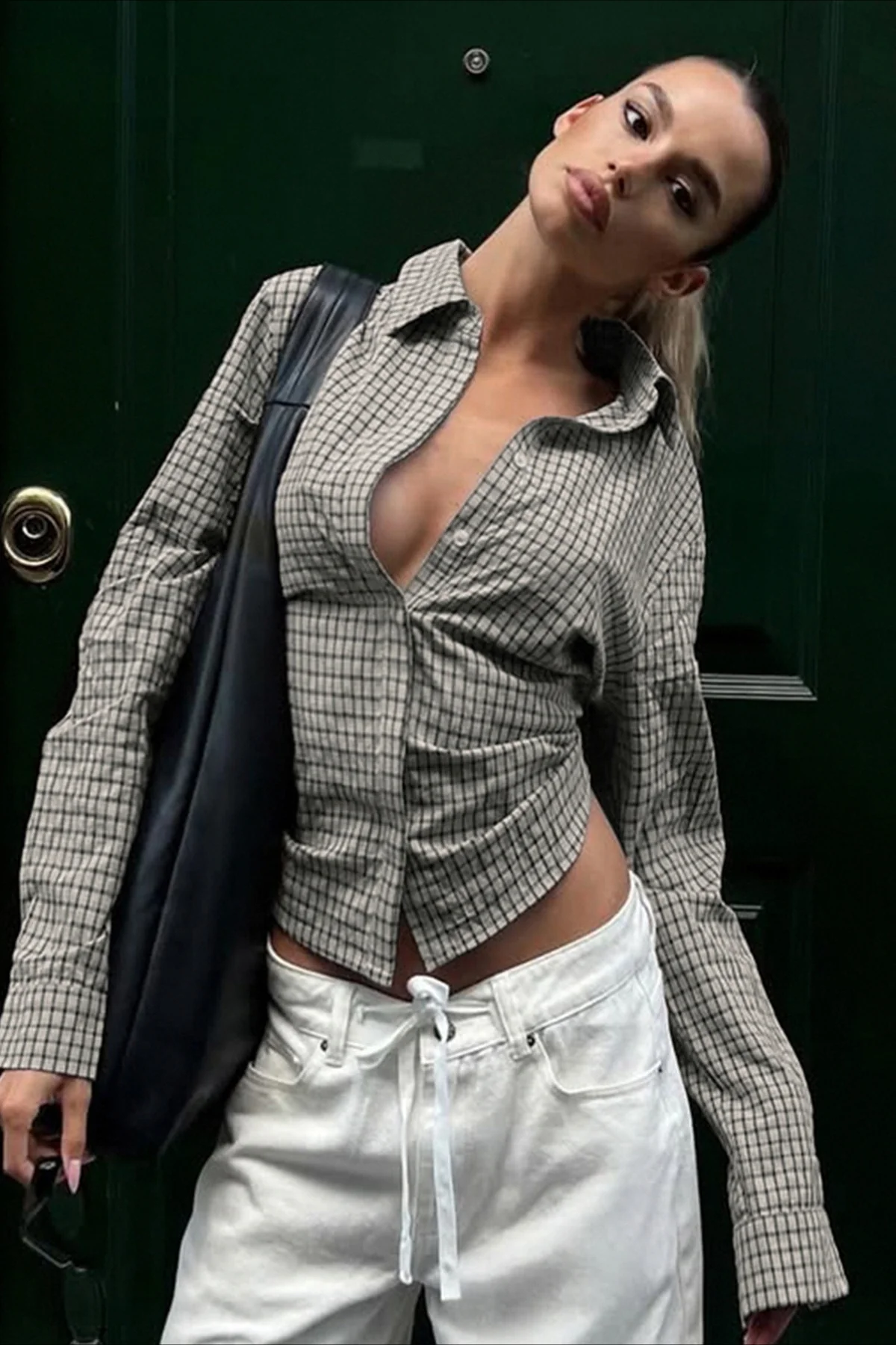 Plaid Tie-Waist Long-Sleeve Blouse - Image 5