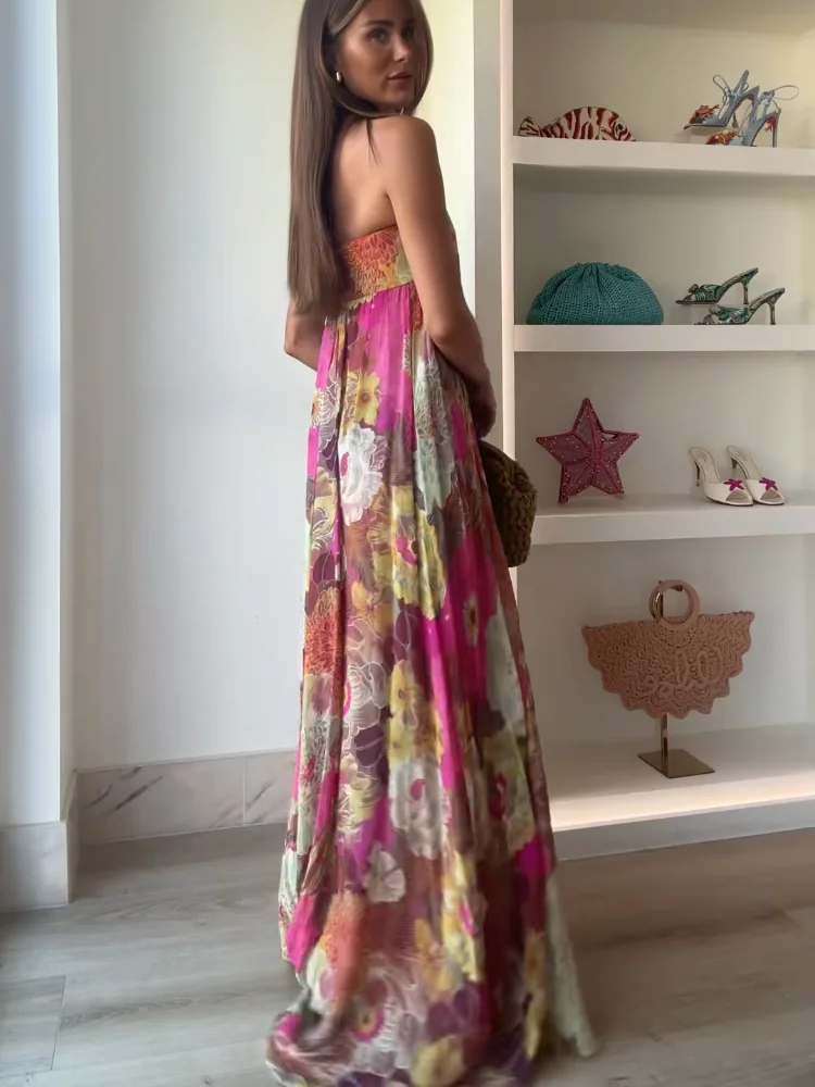 Pleated Printed Strapless High Waist Boho Dress - Image 2