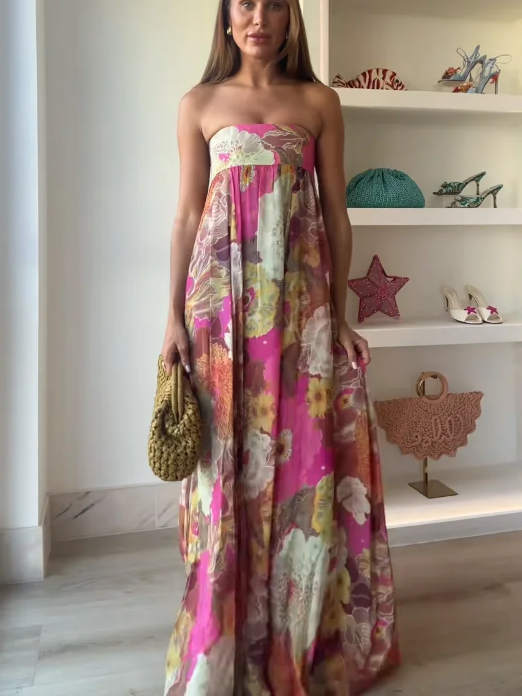 Pleated Printed Strapless High Waist Boho Dress - Image 3
