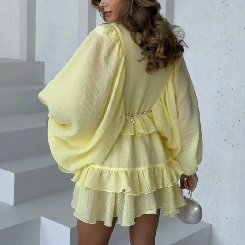 Pleated Ruffle Long Sleeve Mini Dress - Image 4