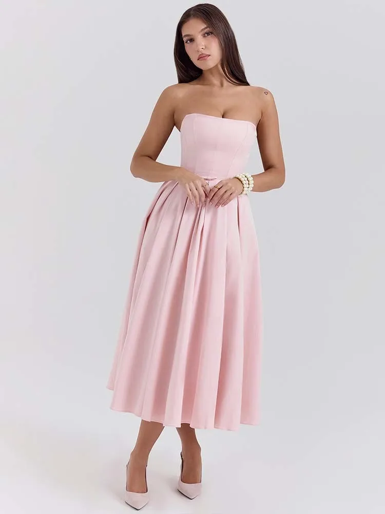 Pleated Strapless A-Line Midi Dress - Image 3