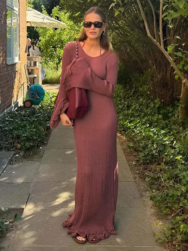 Pleated Wavy Knit Lace Maxi Dress - Image 6