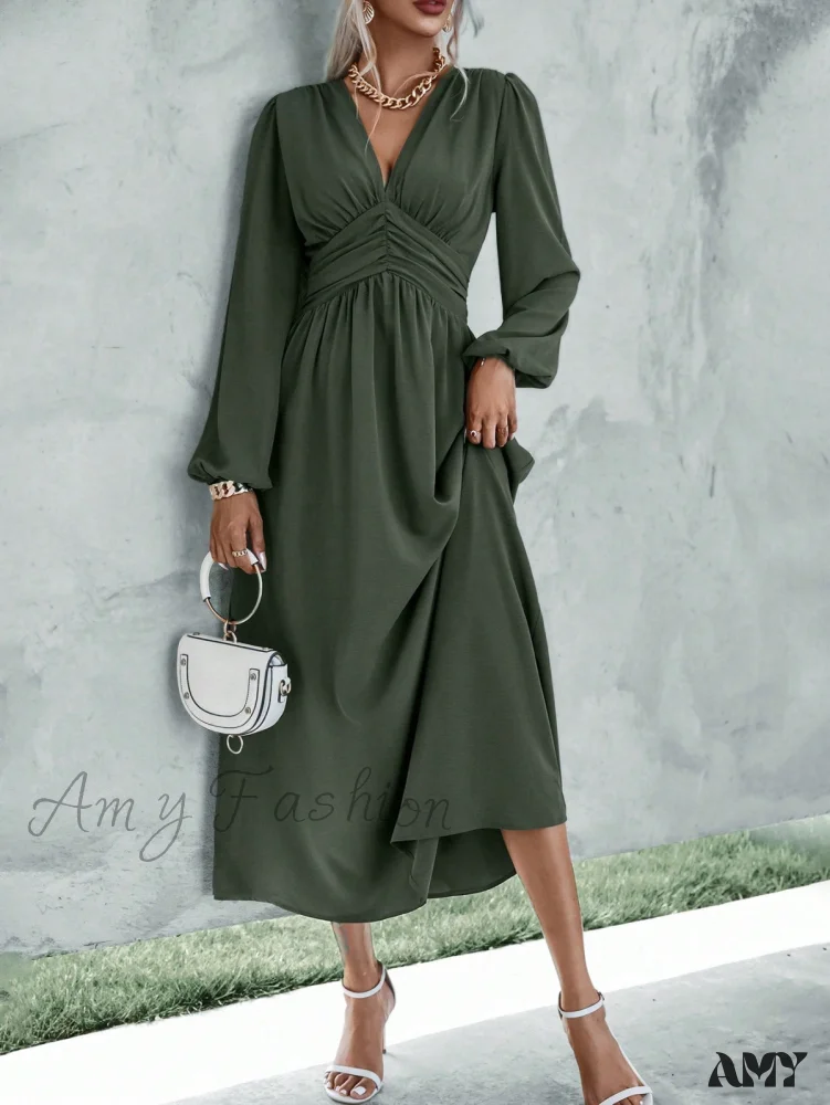 Amy Fashion - Plunging Neck Lantern Sleeve Waist Split Thigh Dress