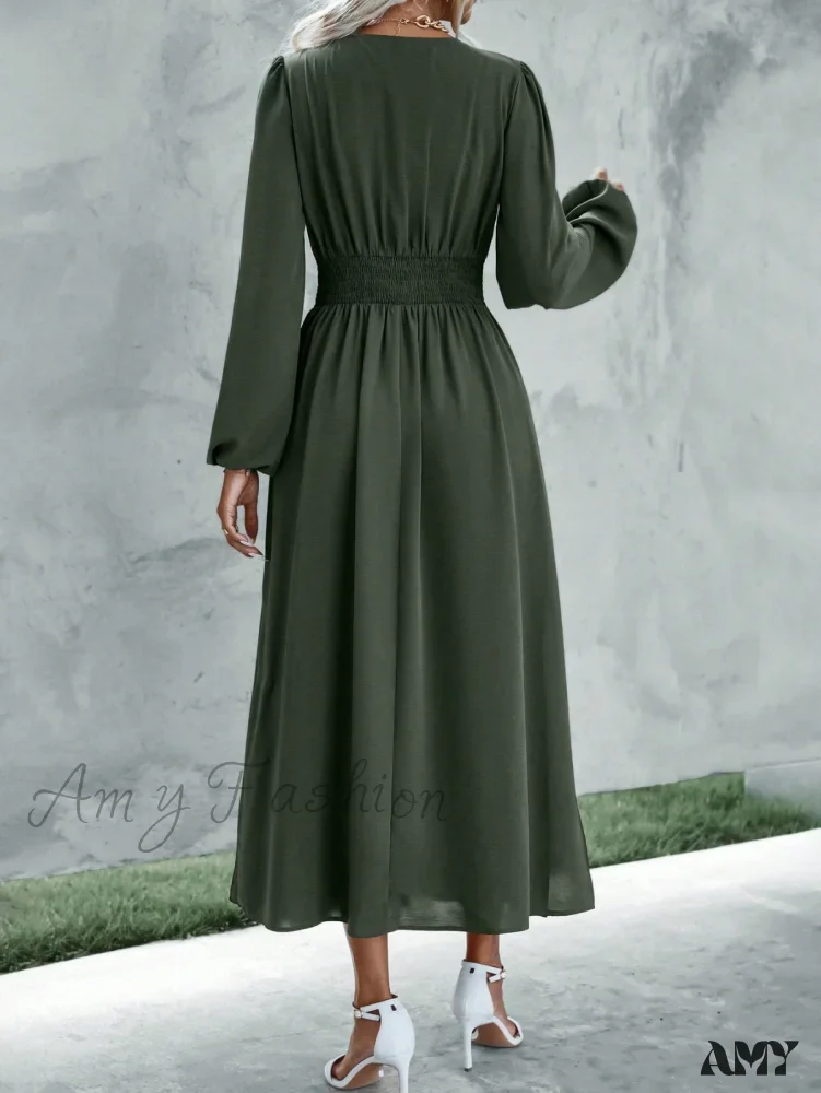 Amy Fashion - Plunging Neck Lantern Sleeve Waist Split Thigh Dress - Image 2