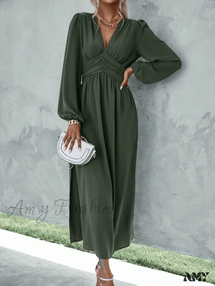 Amy Fashion - Plunging Neck Lantern Sleeve Waist Split Thigh Dress - Image 3