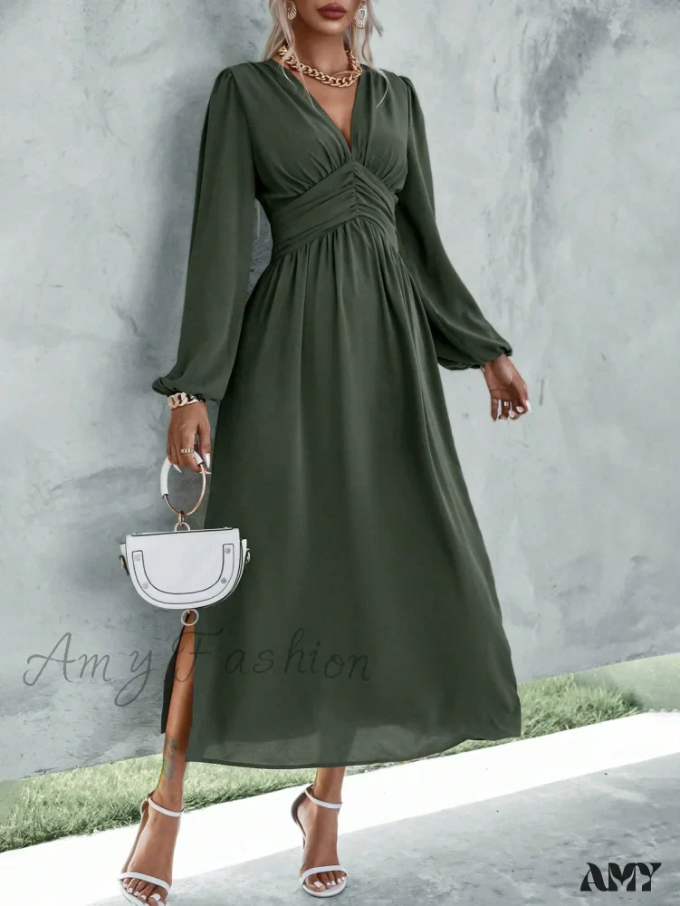 Amy Fashion - Plunging Neck Lantern Sleeve Waist Split Thigh Dress - Image 4