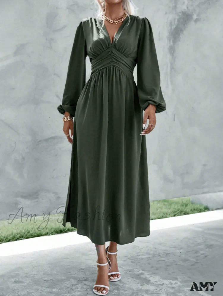Amy Fashion - Plunging Neck Lantern Sleeve Waist Split Thigh Dress - Image 5