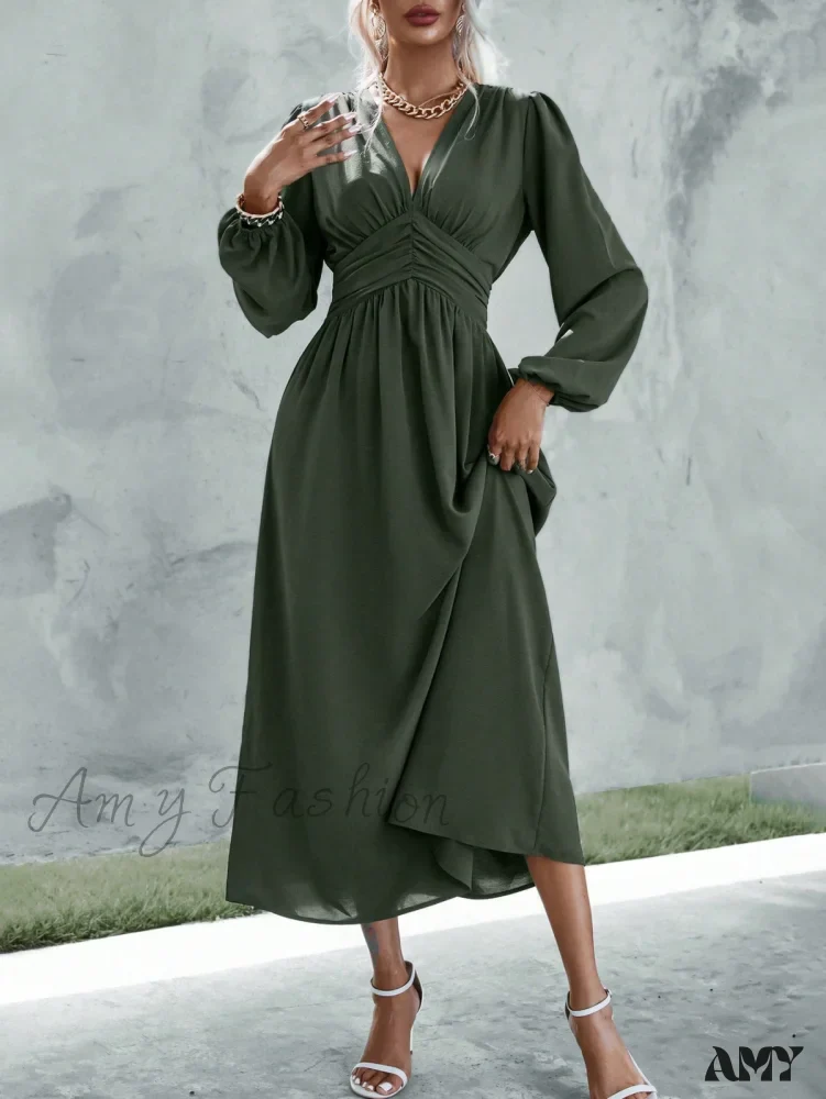 Amy Fashion - Plunging Neck Lantern Sleeve Waist Split Thigh Dress - Image 6