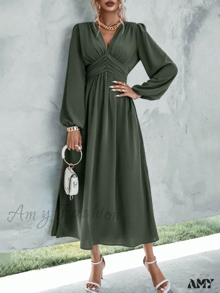 Amy Fashion - Plunging Neck Lantern Sleeve Waist Split Thigh Dress - Image 7