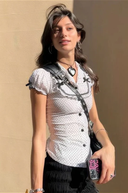 Polka Dot Bow-Accent Puff-Sleeve Collared Blouse - Image 2