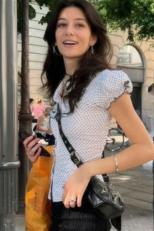 Polka Dot Bow-Accent Puff-Sleeve Collared Blouse - Image 3