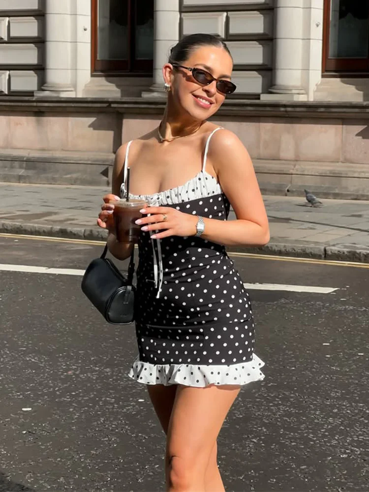 Polka Dot Lace Bow Straps Party Dress