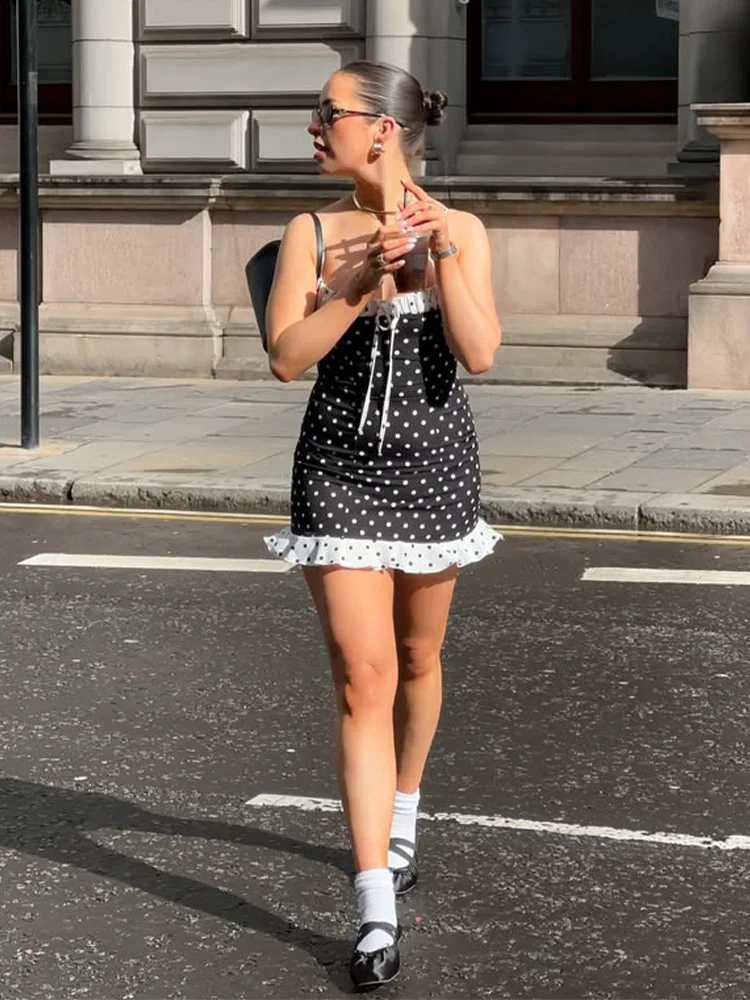 Polka Dot Lace Bow Straps Party Dress - Image 2