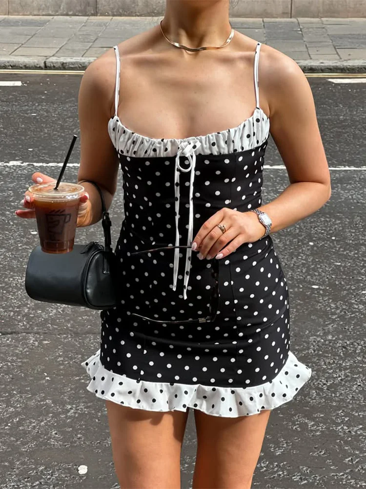 Polka Dot Lace Bow Straps Party Dress - Image 4