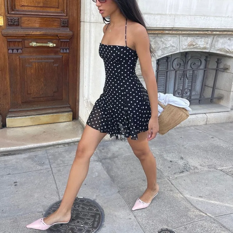 Polka Dot Lace Up Halter Mini Dress - Image 4