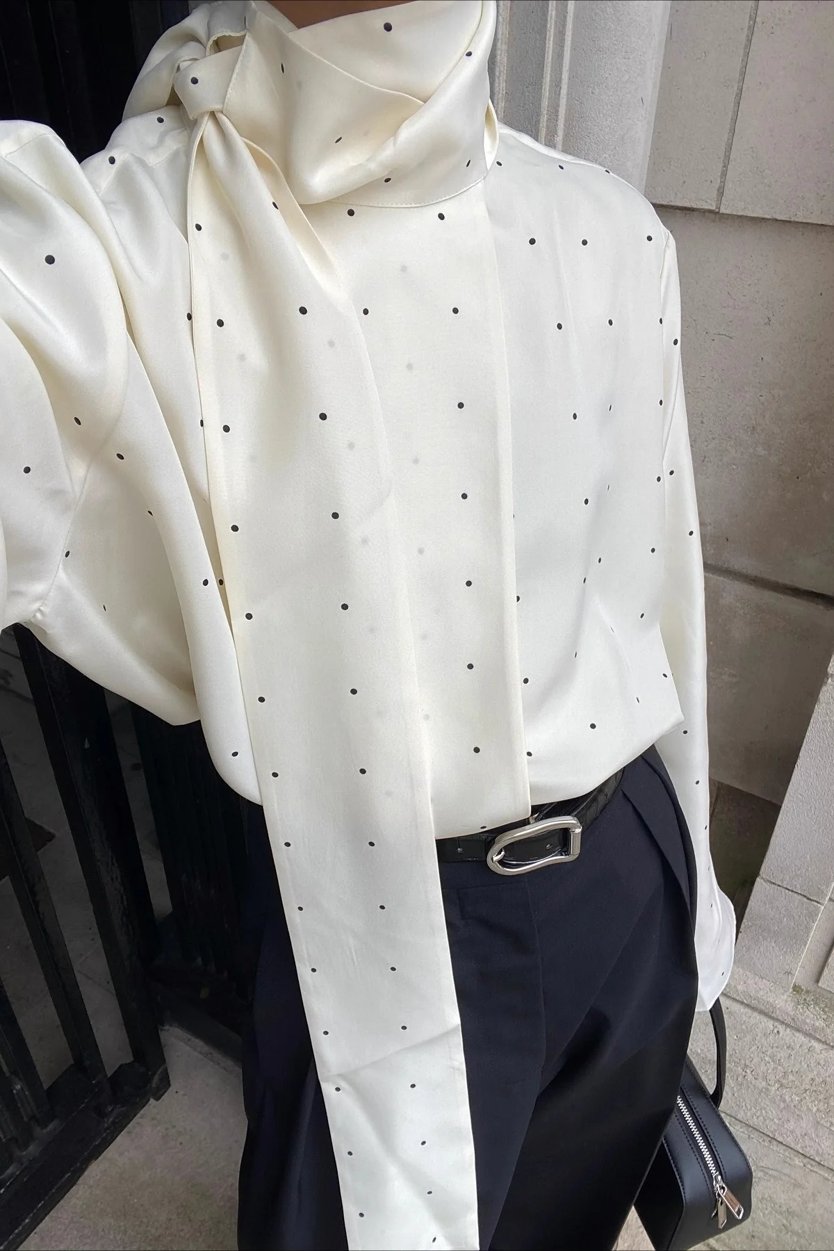 Polka Dot Ribbon-Tie Loose Long-Sleeve Blouse - Image 2