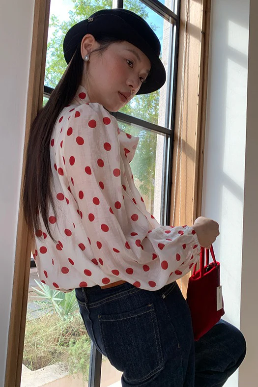 Polka Dot Tie-Waist Long-Sleeve Sweet Blouse - Image 3
