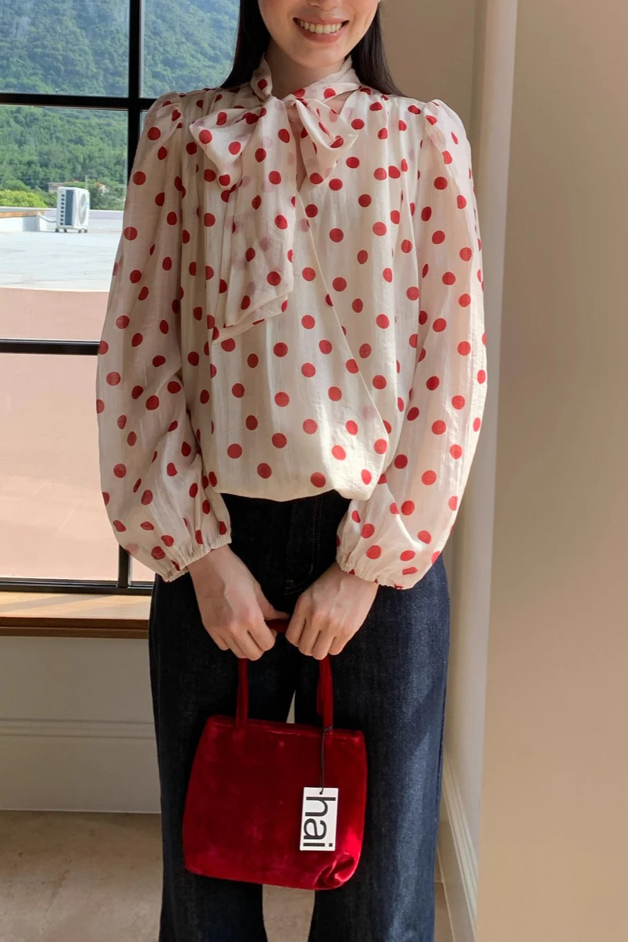 Polka Dot Tie-Waist Long-Sleeve Sweet Blouse - Image 4
