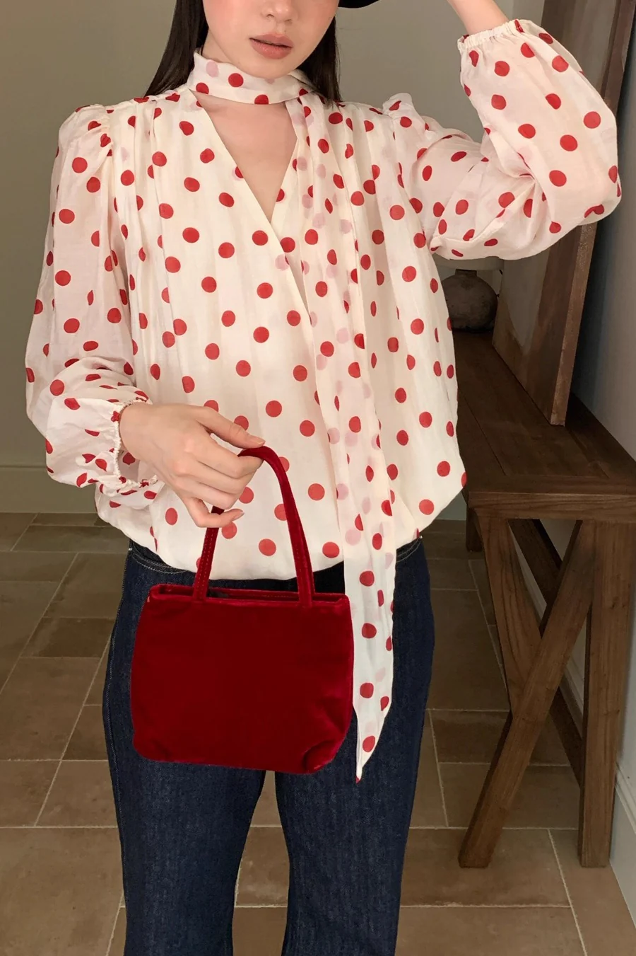 Polka Dot Tie-Waist Long-Sleeve Sweet Blouse - Image 5