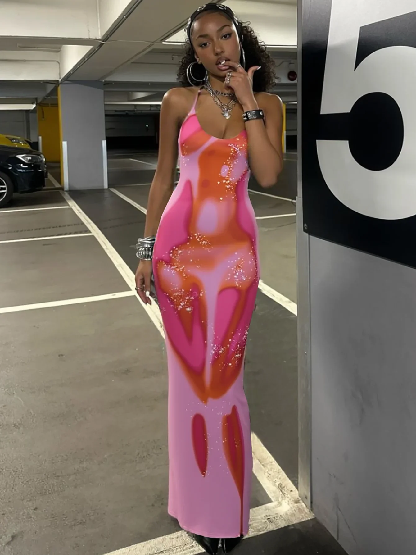 Print Halter Bandage Belt Maxi Dress - Image 2