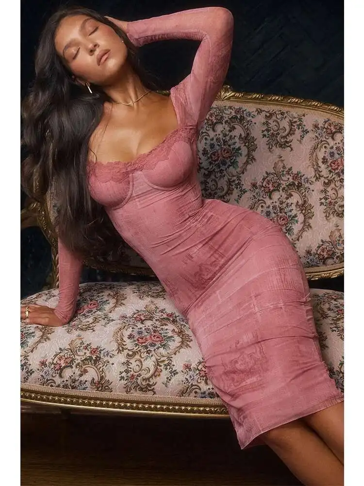 Print Lace Side Bodycon Midi Dress - Image 2