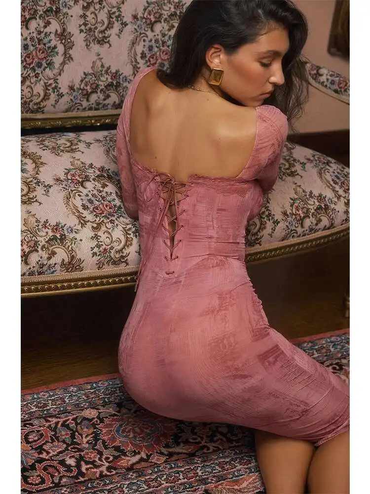 Print Lace Side Bodycon Midi Dress - Image 3