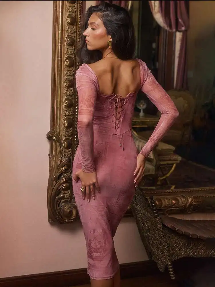 Print Lace Side Bodycon Midi Dress - Image 4