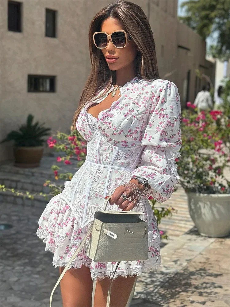 Printed Lace Ruffle Bandage Mini Dress - Image 2