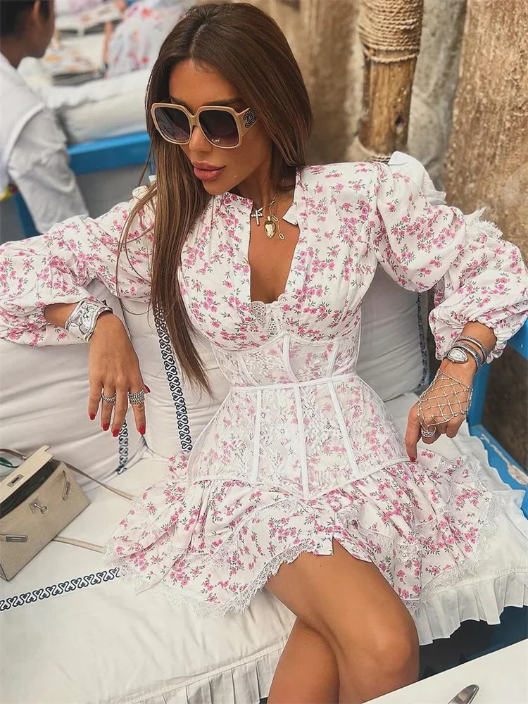 Printed Lace Ruffle Bandage Mini Dress - Image 3