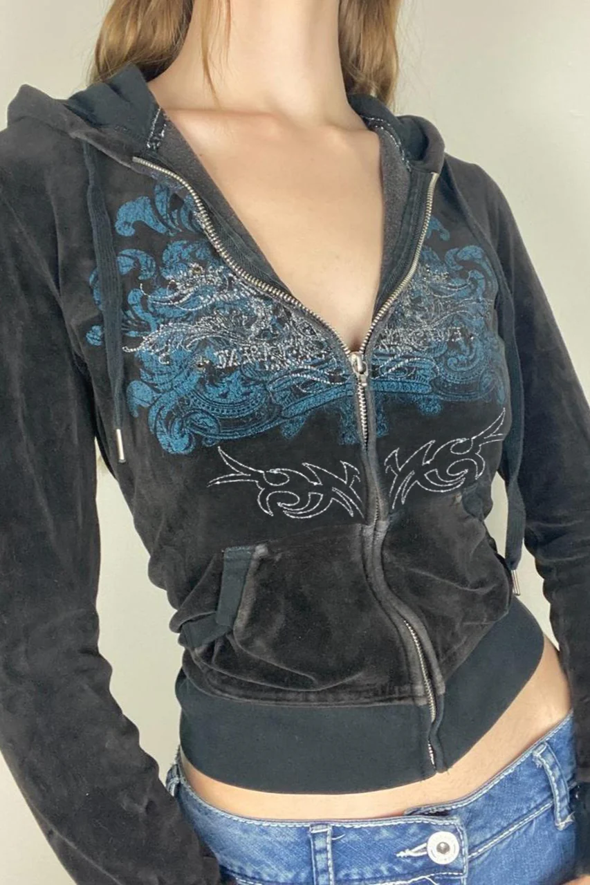 Printed Rhinestone Zip-Up Hoodie - Image 2
