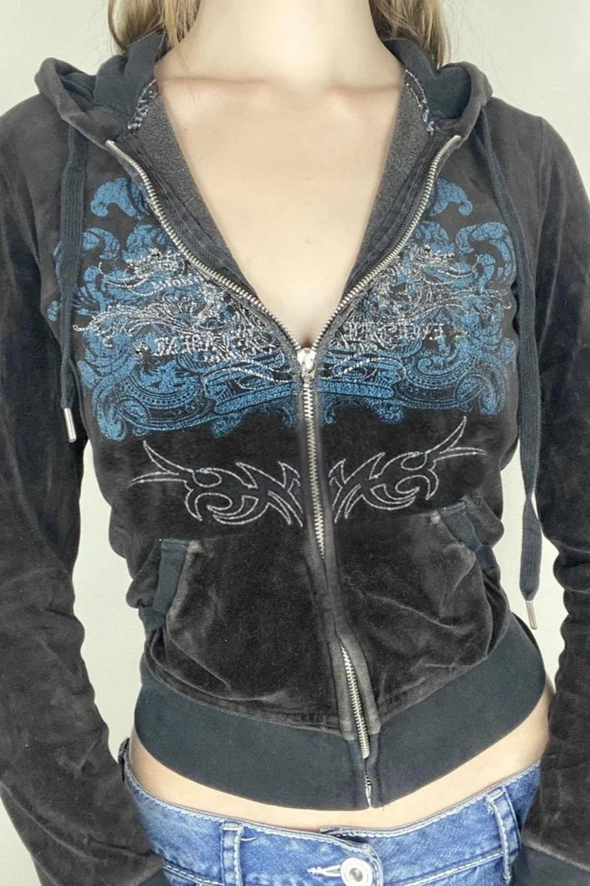 Printed Rhinestone Zip-Up Hoodie - Image 4