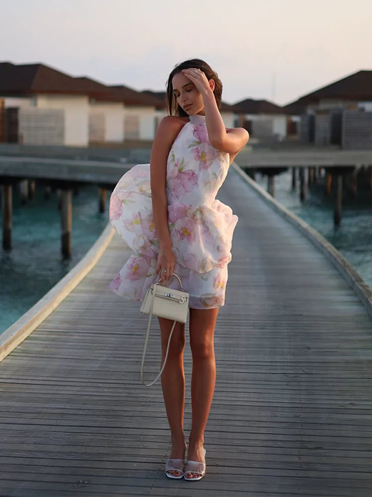 Printed Ruffle Halter Mini Dress - Image 3