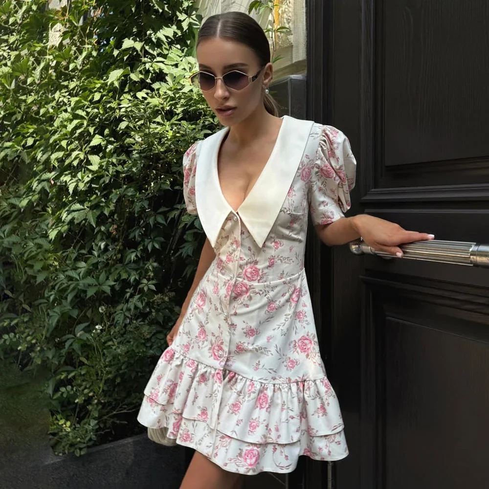 Printed Ruffle V Neck Slim Mini Dress - Image 2