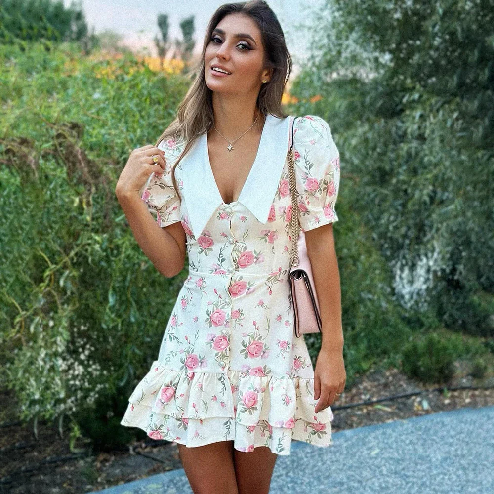 Printed Ruffle V Neck Slim Mini Dress - Image 4
