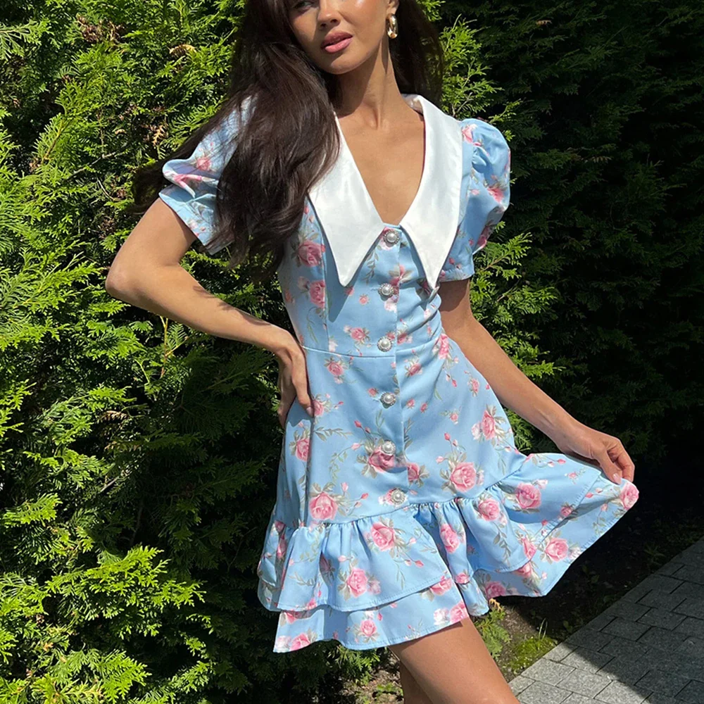 Printed Ruffle V Neck Slim Mini Dress - Image 6