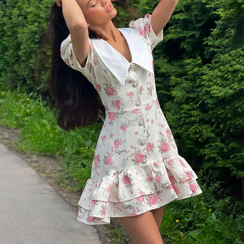 Printed Ruffle V Neck Slim Mini Dress - Image 7