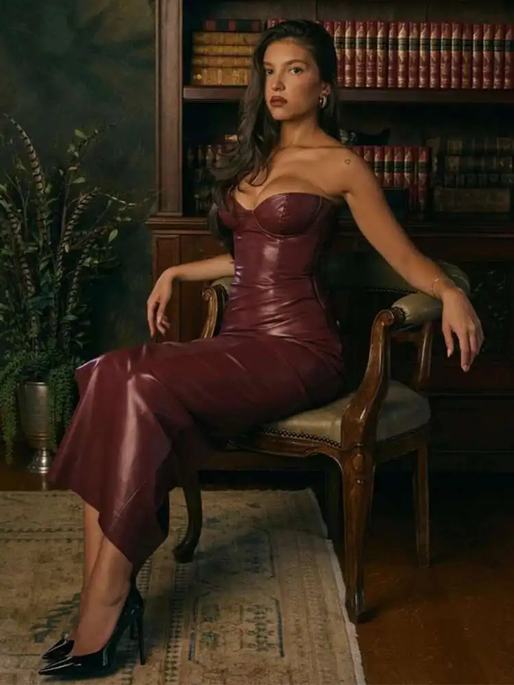 PU Leather Pleated Strapless Midi Dress - Image 2