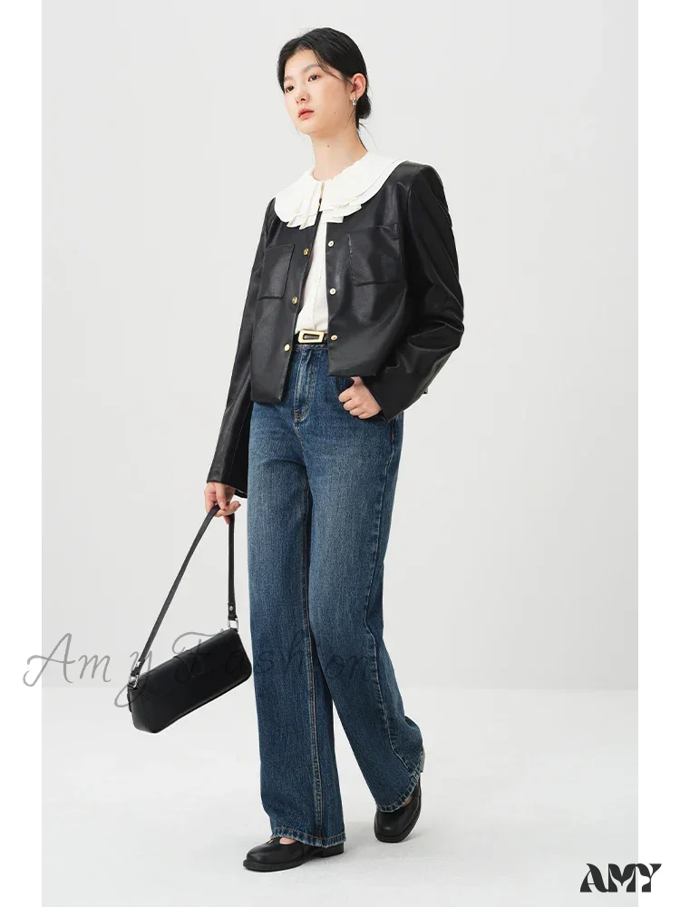 PU Leather Round Neck Simple Black Short Spring Front Shoulder Female Jacket - Image 3