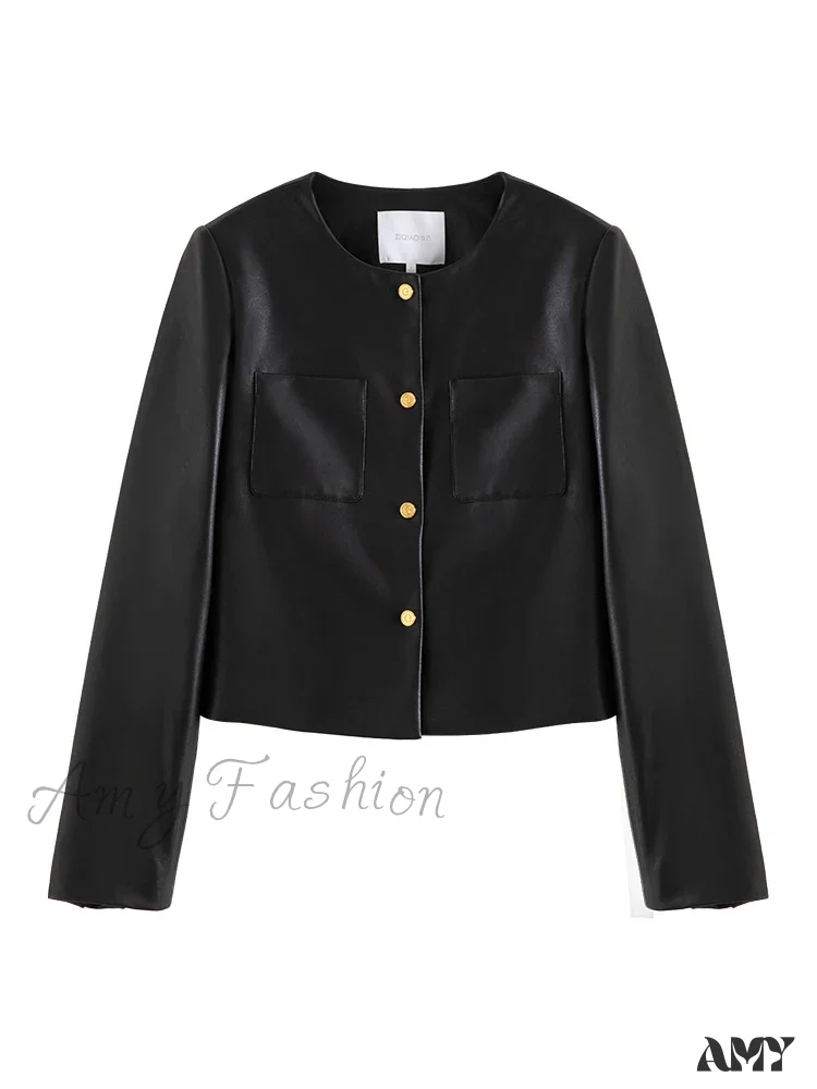 PU Leather Round Neck Simple Black Short Spring Front Shoulder Female Jacket - Image 5