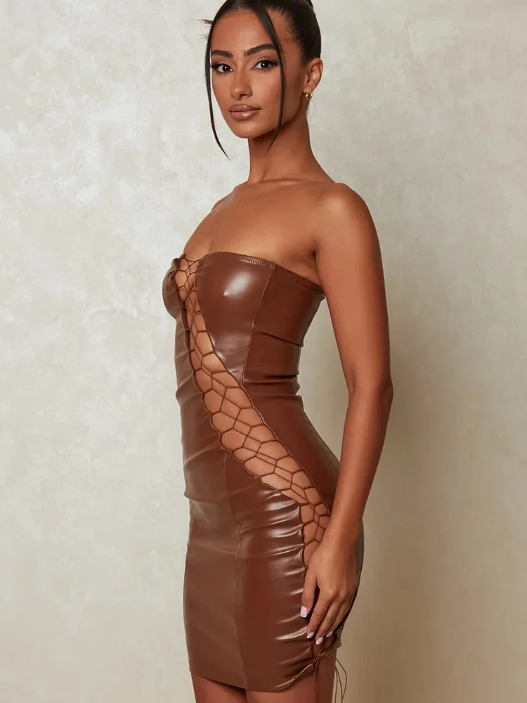 PU Leather Strapless Sleeveless Bodycon Dress - Image 2